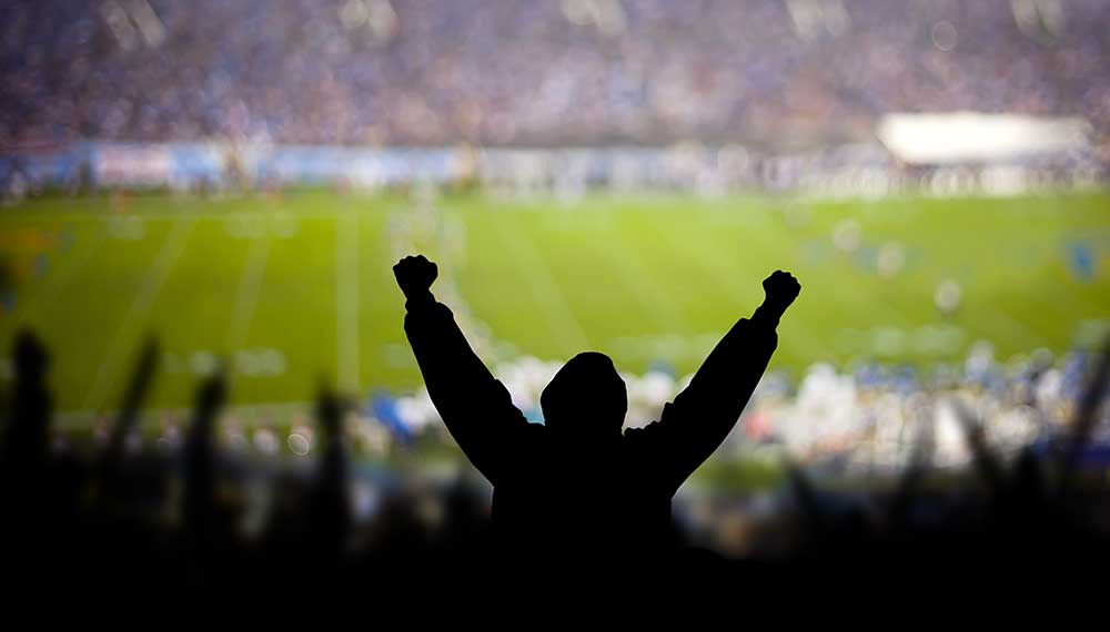 Fan raises both arms while watching a football game in a packed stadium