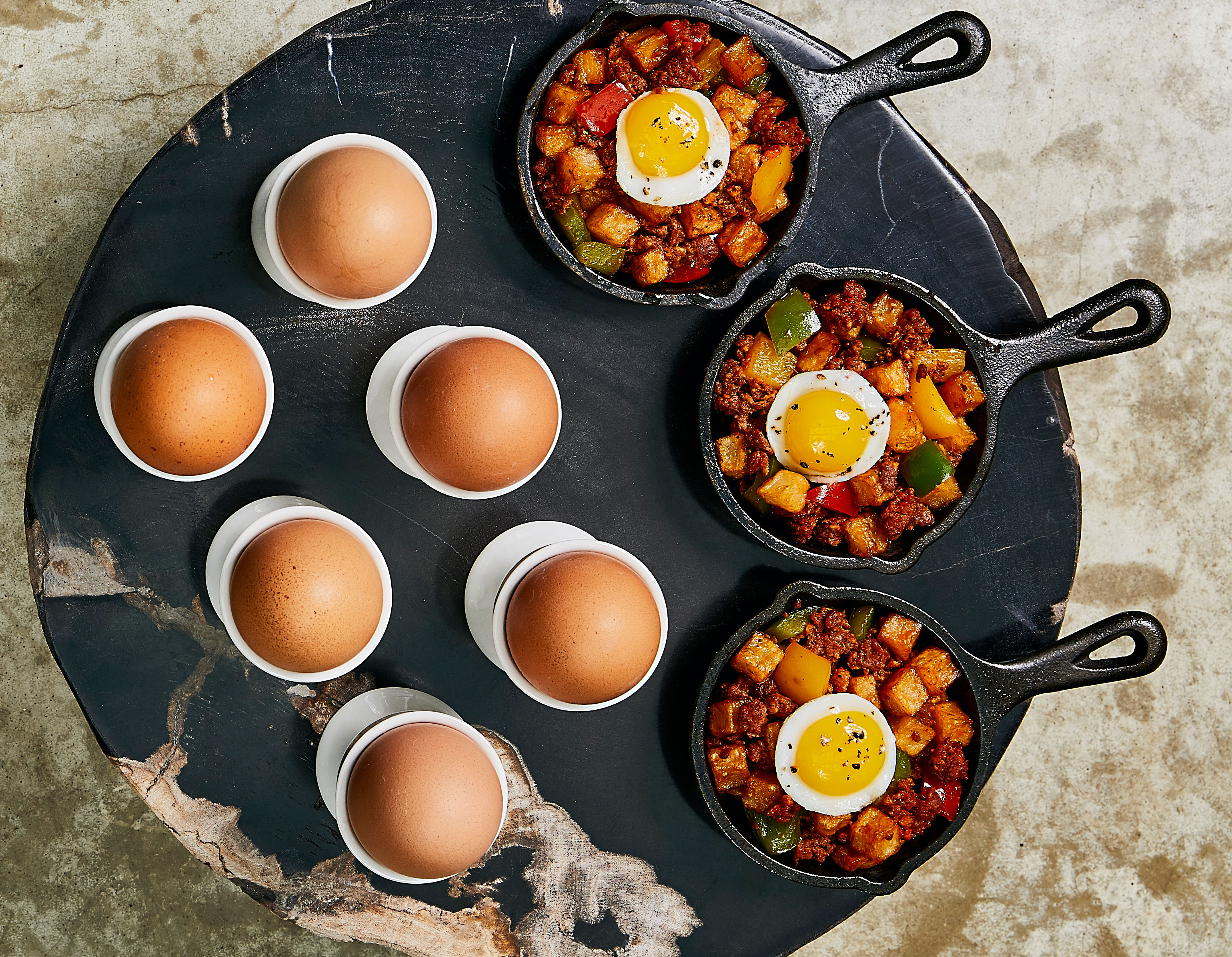 breakfast catering set up with whole eggs and custom trays